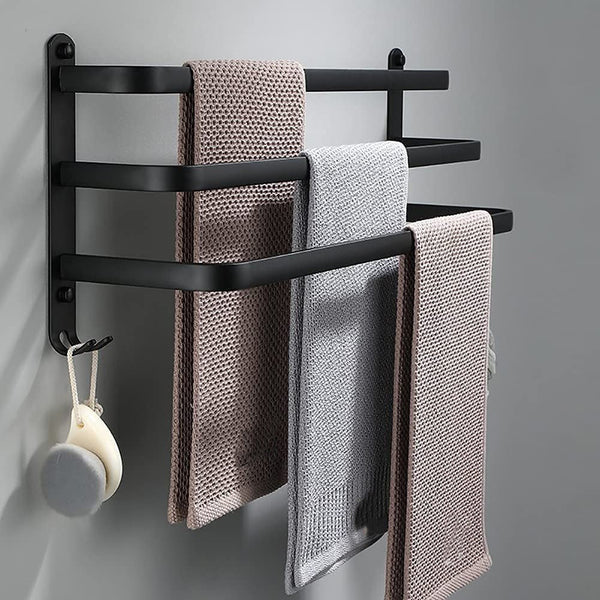 Schwarzer Wand-Handtuchhalter mit Haken, ideal für ein organisiertes Badezimmer ohne Bohren.