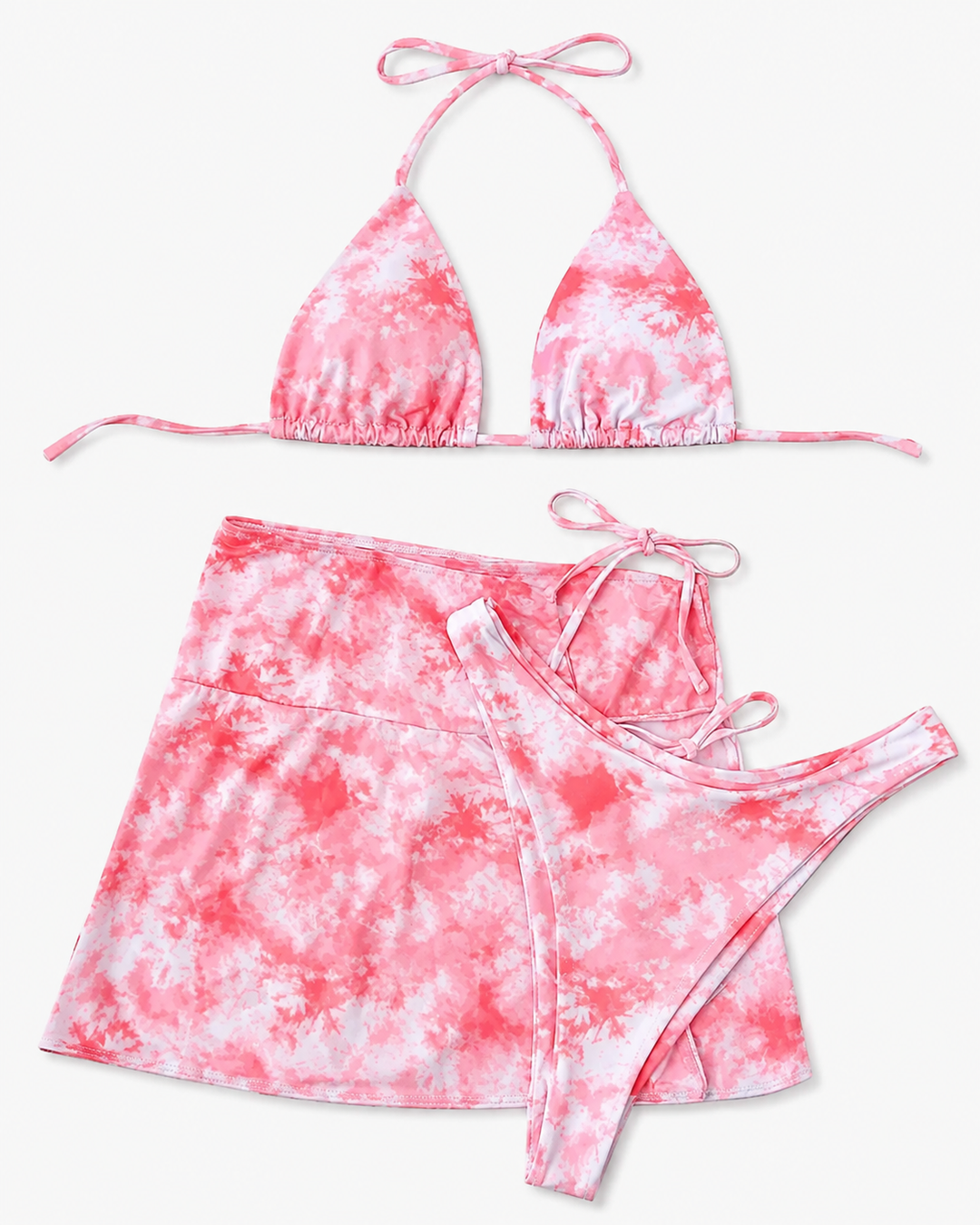 Vielseitiges dreiteiliges Damen Bikini Set: Triangel-Top, High-Waist-Hose & leichter Strandrock mit Blumenmuster für den Urlaub.