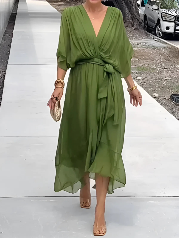 Festliches Damen Midikleid mit Gürtel & zarten Flatterärmeln. Ideal für Abend & Party.