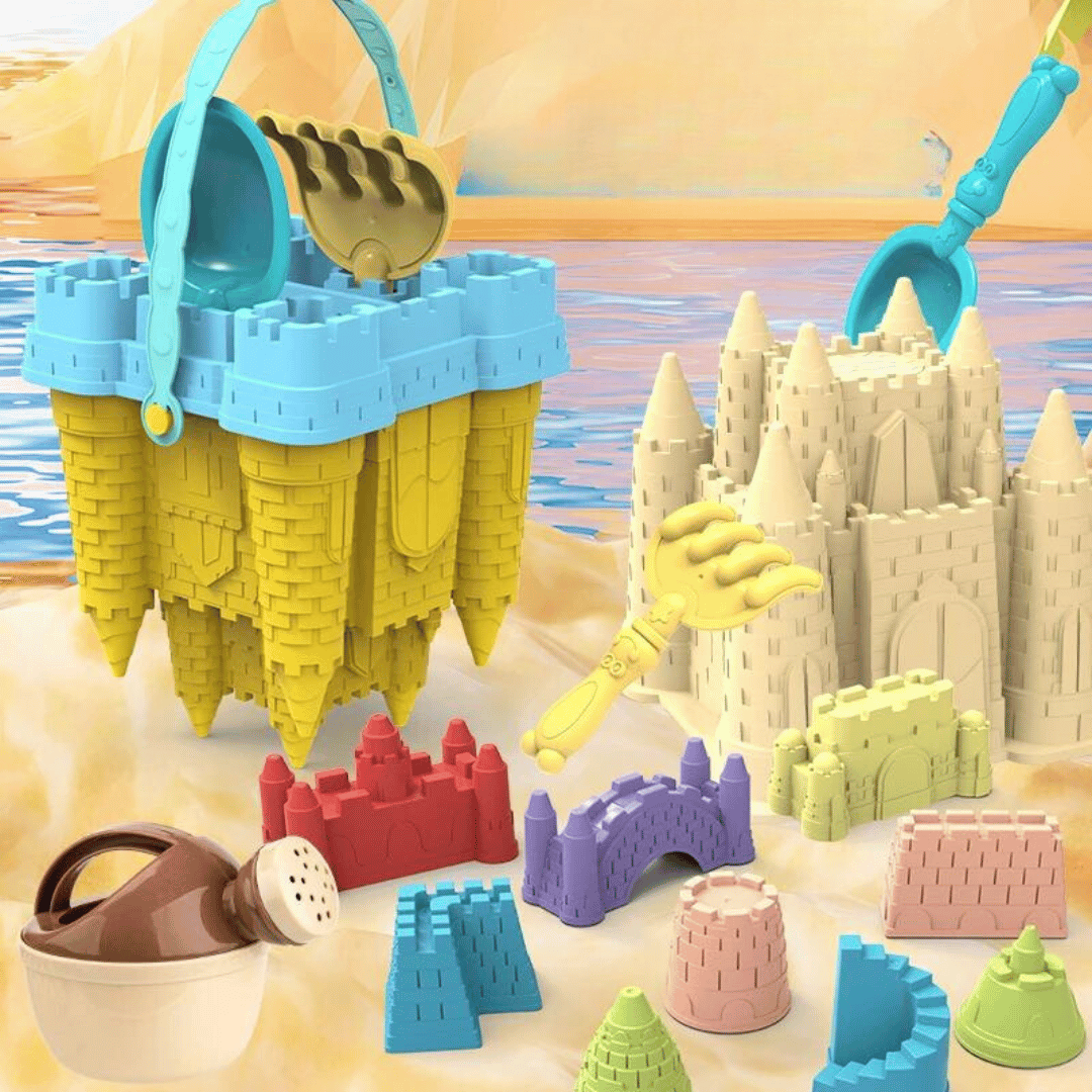 Buntes Kinder Sandburg-Spielset aus ABS-Kunststoff mit Eimer, Schaufel & Formen für Strand & Garten.