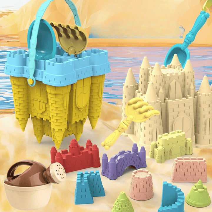 Buntes Kinder Sandburg-Spielset aus ABS-Kunststoff mit Eimer, Schaufel & Formen für Strand & Garten.