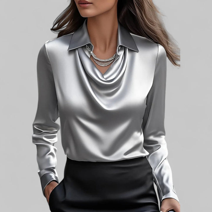 Vielseitige Damen Langarm Bluse mit elegantem Wasserfallausschnitt, ideal für Büro & Freizeit. Schick.