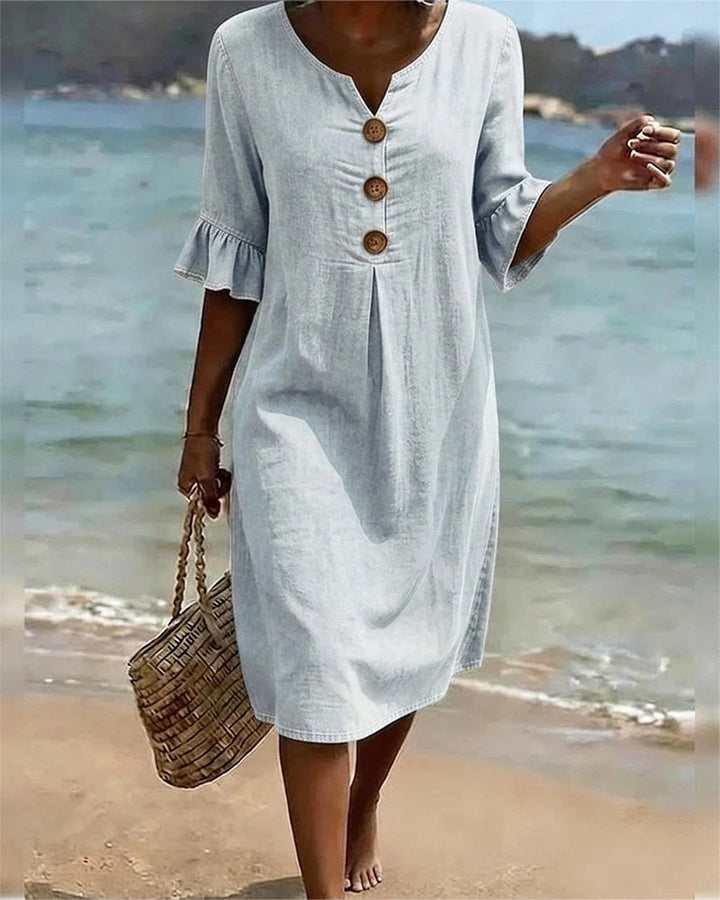 Damen Sommer Midikleid in Übergröße, locker & bequem, mit Knopfleiste, Rundhalsausschnitt & Halbarm.