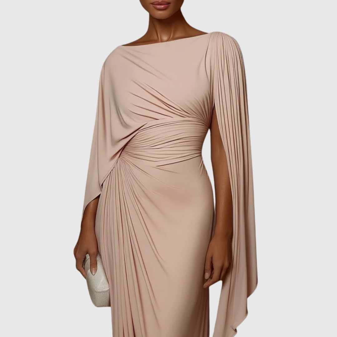 Elegantes, figurbetontes Damen Maxikleid für besondere Anlässe, drapiert und asymmetrisch geschnitten, in festlichem Stil.