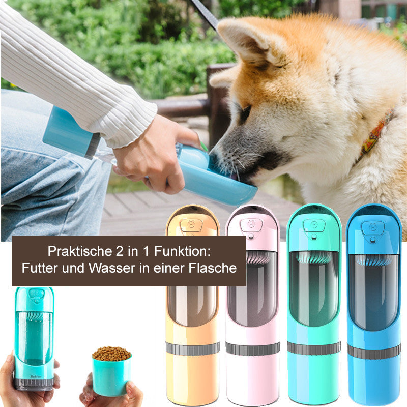 Praktische PawBuddy 2-in-1 Futter- & Wasserflasche für Hunde, BPA-frei, perfekt für Reisen.