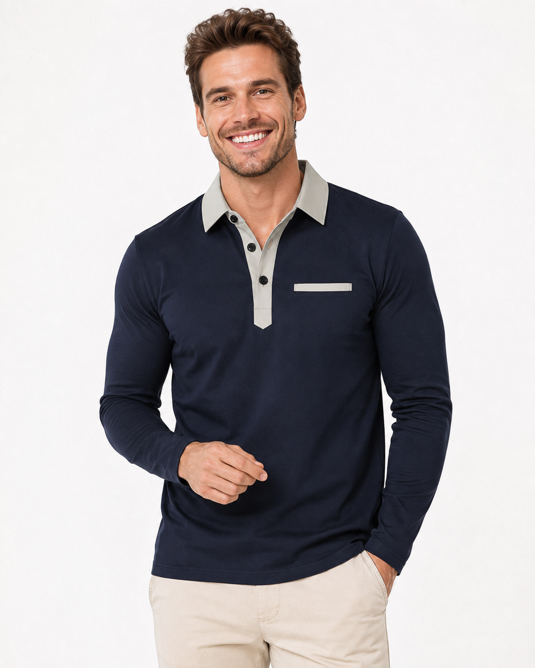 Lässiger Herren Langarm-Pullover mit Kontrastkragen für den Frühling. Bequemes Oberteil für Freizeit.