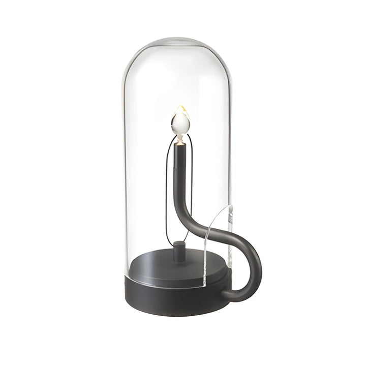 Minimalistische moderne LED Dekolampe, kabellos mit Akku, als stilvolle Tischleuchte in Gold/Schwarz.