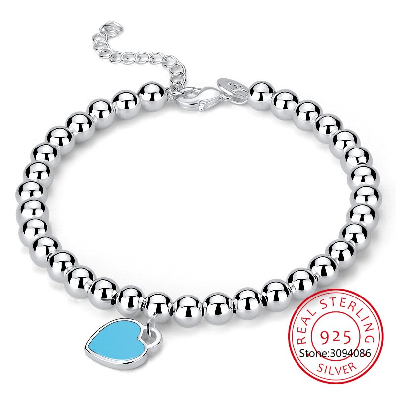 Eleganter Herzschmuck: 925 Sterling Silber Perlenarmband für Damen mit blauem Emaille-Herz-Anhänger.