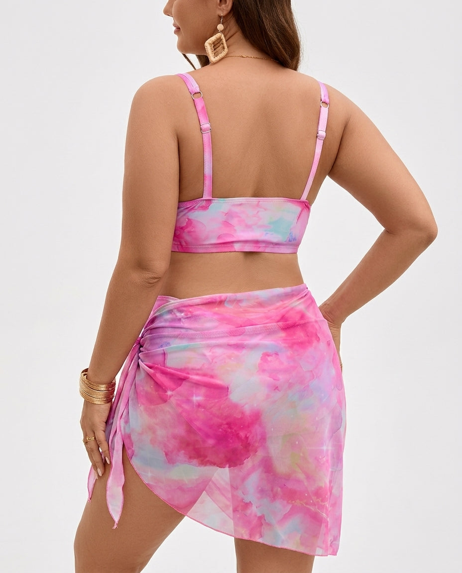 Trendy figurformender Tie-Dye Damen Badeanzug als 3-Teiler Set. Ideal für Schwimmmode & Sommerurlaub.