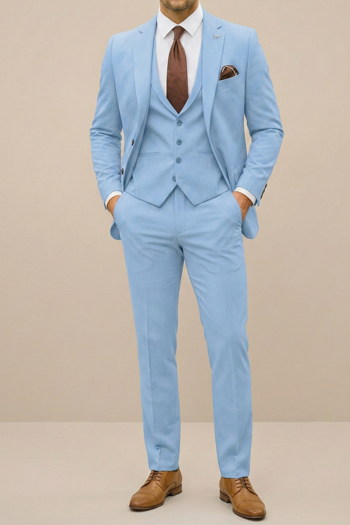 Eleganter, moderner Herren Dreiteiler Anzug für Frühling & Sommer. Perfekt für Business & festliche Anlässe.