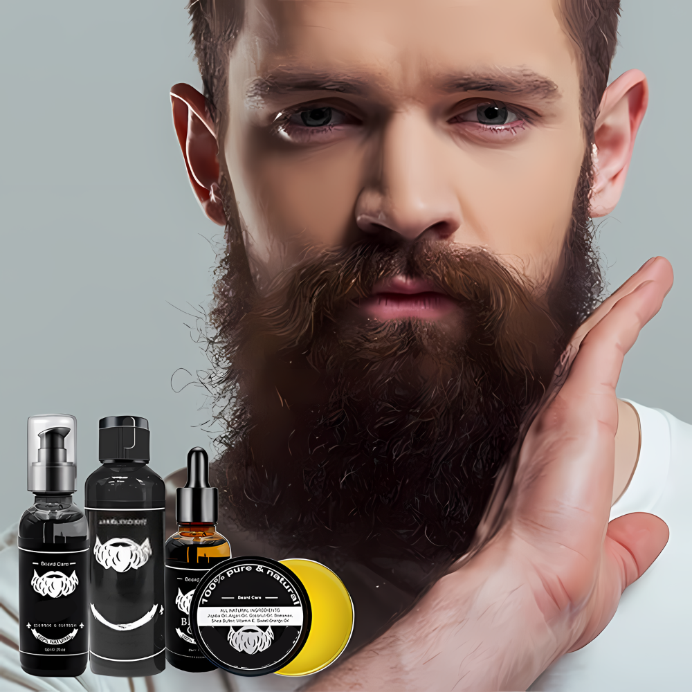 Komplettes Bartstyling Set für Männer mit Bartöl, Bartglätter & Dermaroller. Fördert Bartwuchs und Glanz.