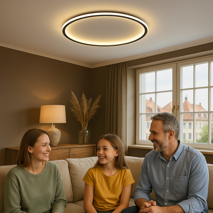 Stilvolle skandinavische LED Deckenlampe, dimmbar, für eine angenehme Wohnzimmerbeleuchtung.