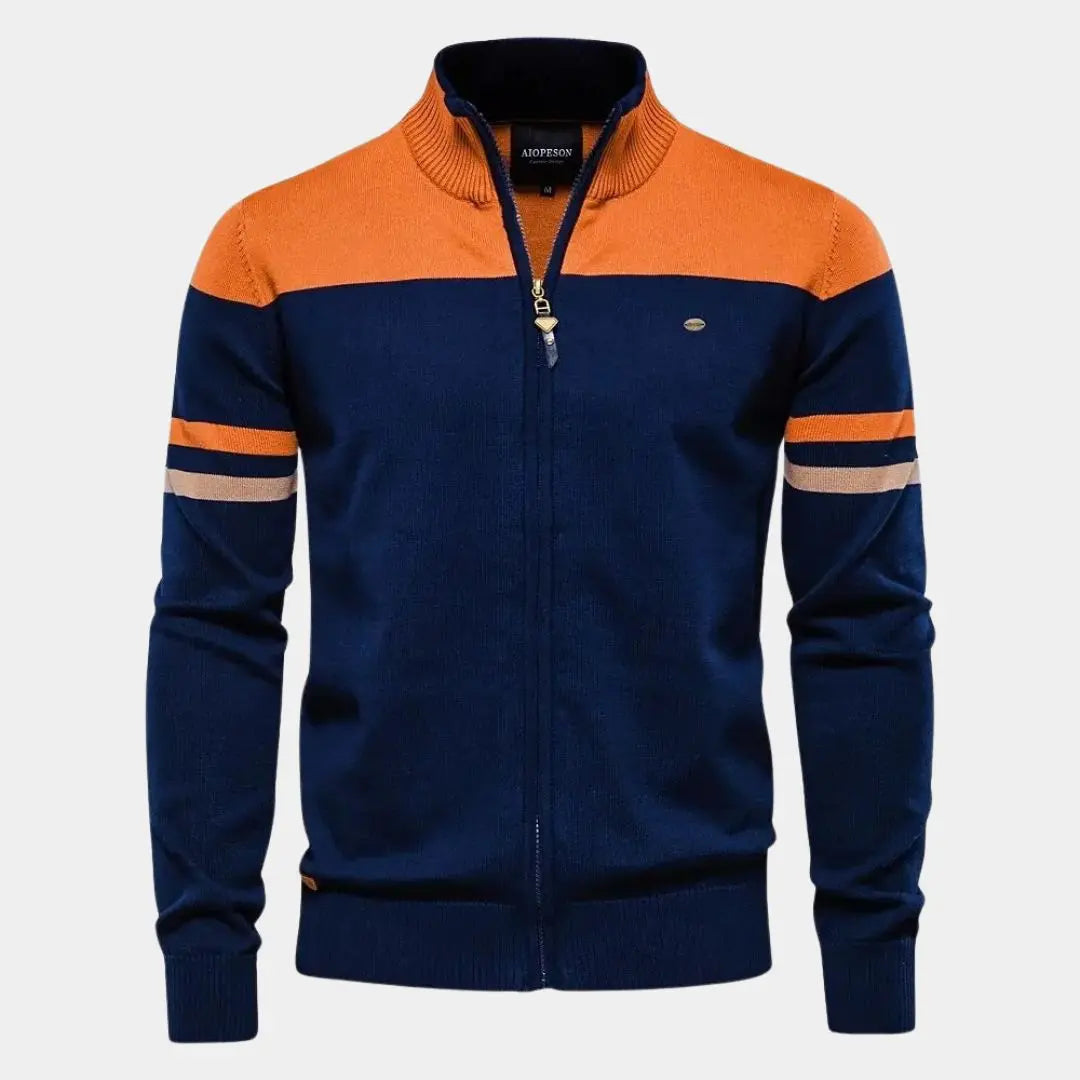Elegante Herren Strickjacke mit Stehkragen, Reißverschluss, ideal als modische Übergangsjacke.