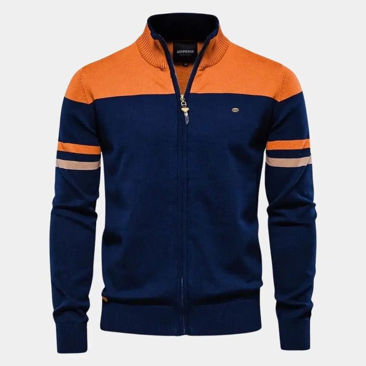 Elegante Herren Strickjacke mit Stehkragen, Reißverschluss, ideal als modische Übergangsjacke.