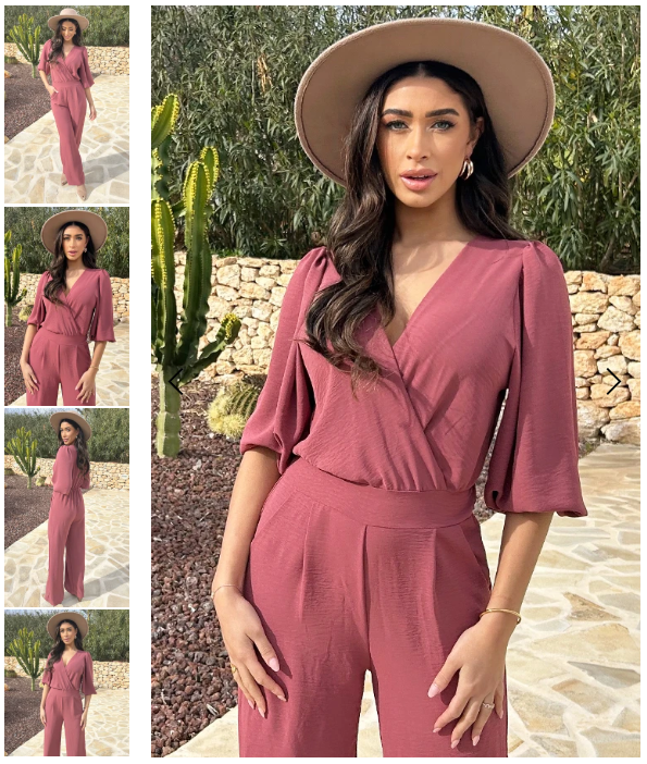 Modischer Damen Jumpsuit mit V-Ausschnitt. Taillierte Passform & 3/4 Ärmel für eine elegante Silhouette. Grün, Rot, Pink.