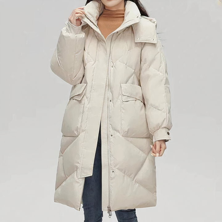 Elegante lange Damen-Winterjacke, warm und stilvoll, in Schwarz. Perfekte Steppjacke für kalte Wintertage.