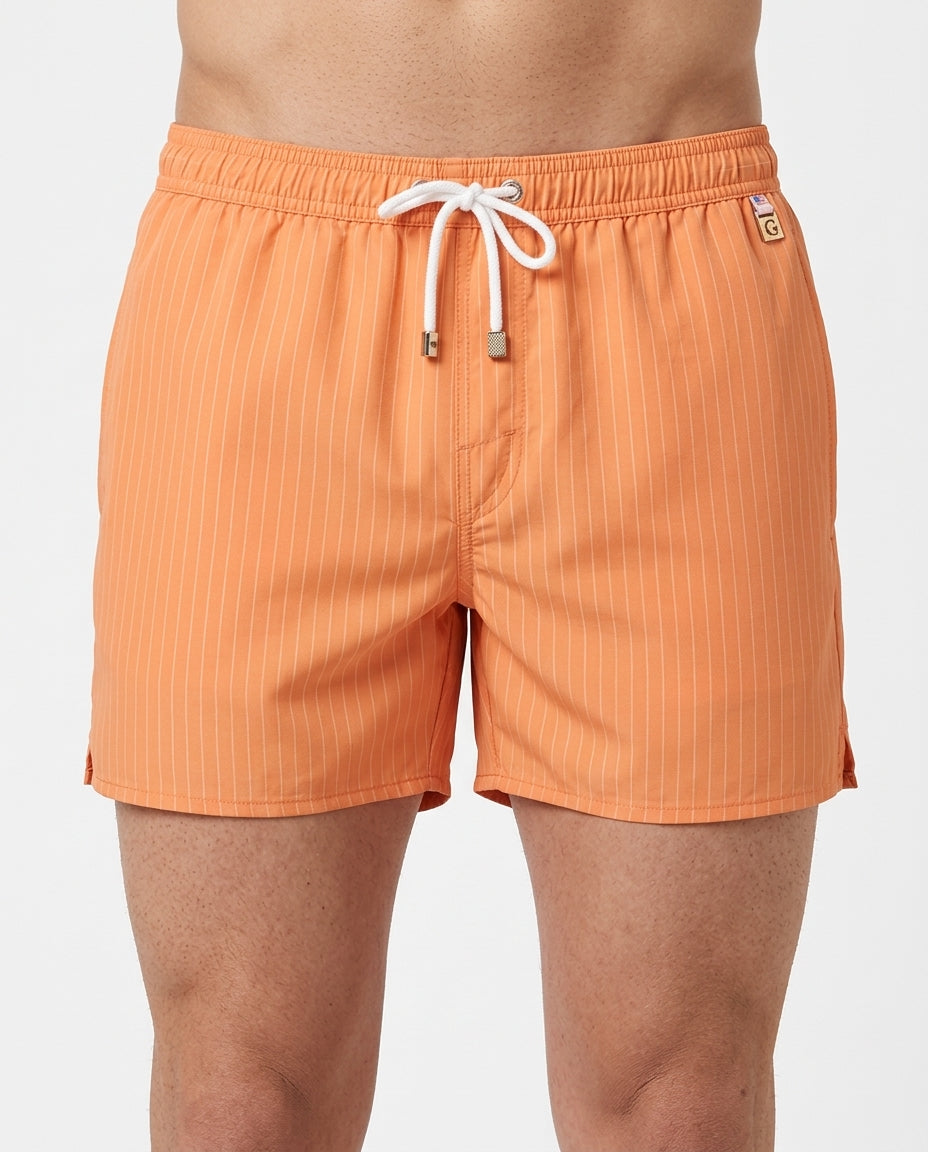 Moderne gestreifte Herren Beachwear Shorts, bequem und locker, perfekt für entspannte Tage am Strand oder Pool.