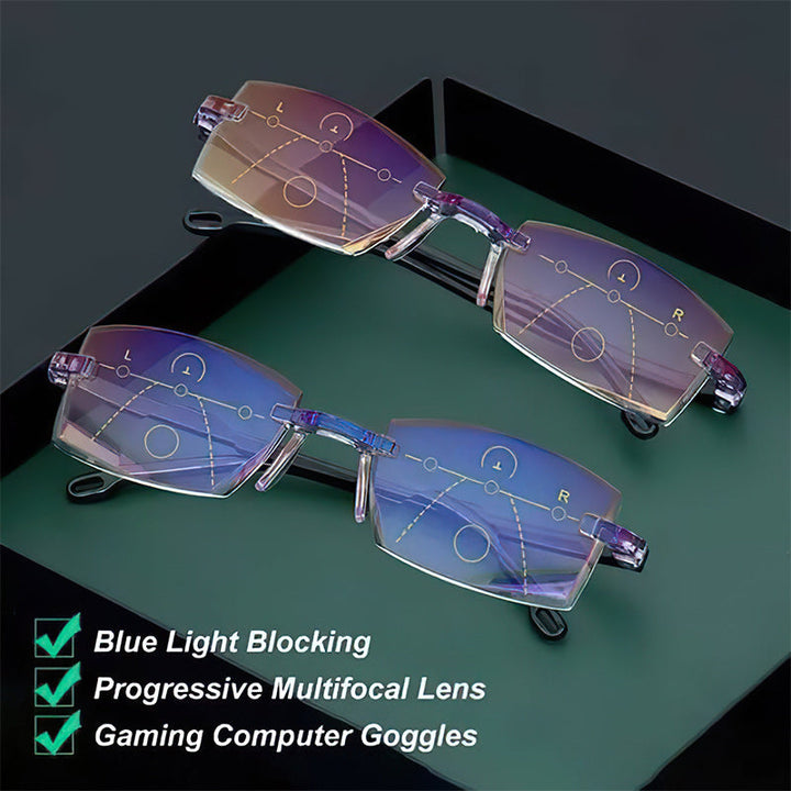 Fortschrittliche Multifokal-Lesebrille mit effektivem Blaulichtfilter schützt Augen vor Bildschirmstrahlung.