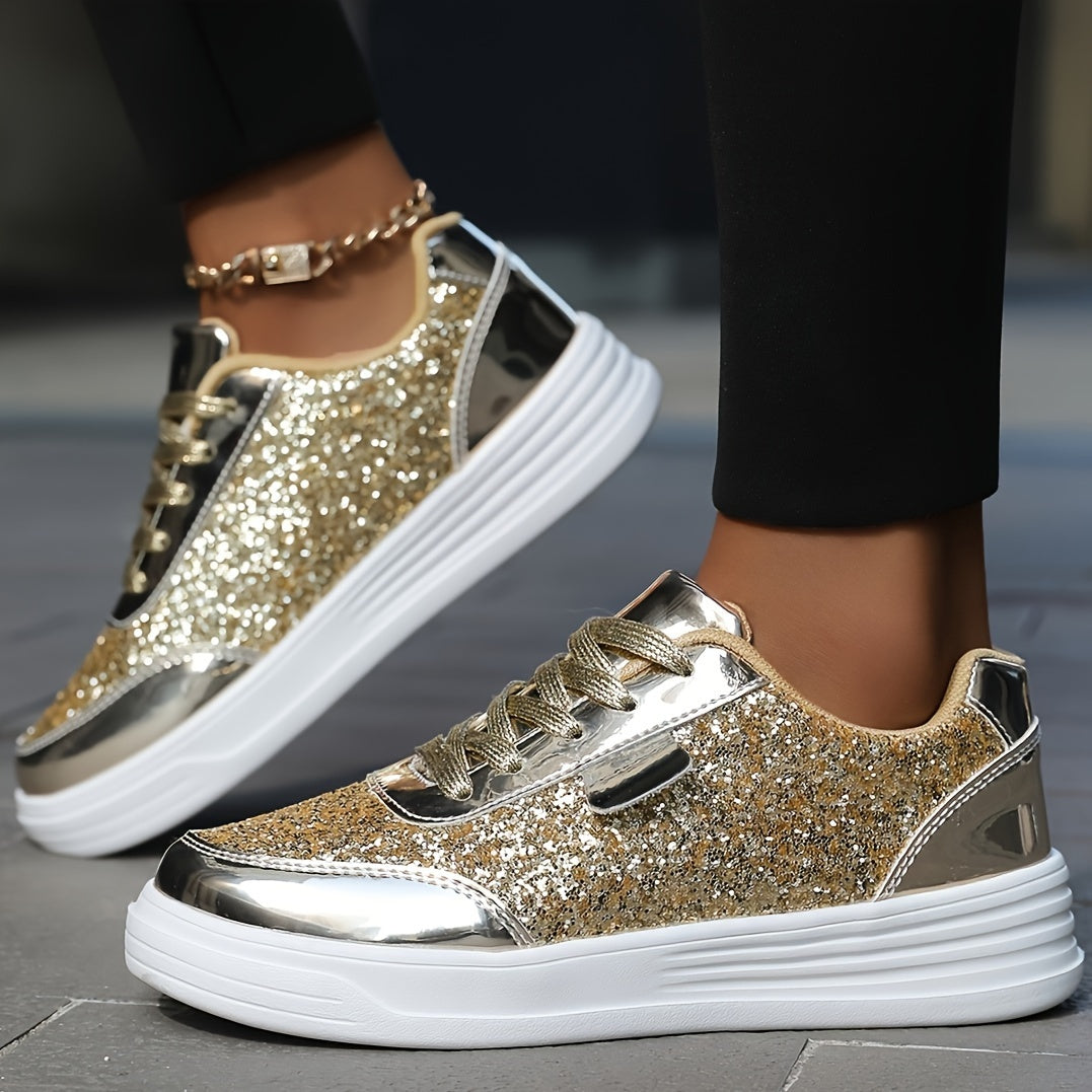 Bequeme & modische Damen Plateau Sneaker, funkelnd mit Glitzer-Effekt. Glamouröse Freizeitschuhe.