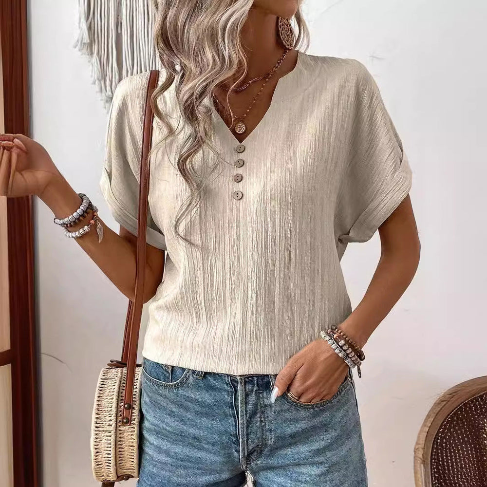 Leichte, bequeme Damen Bluse in Apricot mit V-Ausschnitt, ideal für Frühling & Sommer, Freizeit & Eleganz.