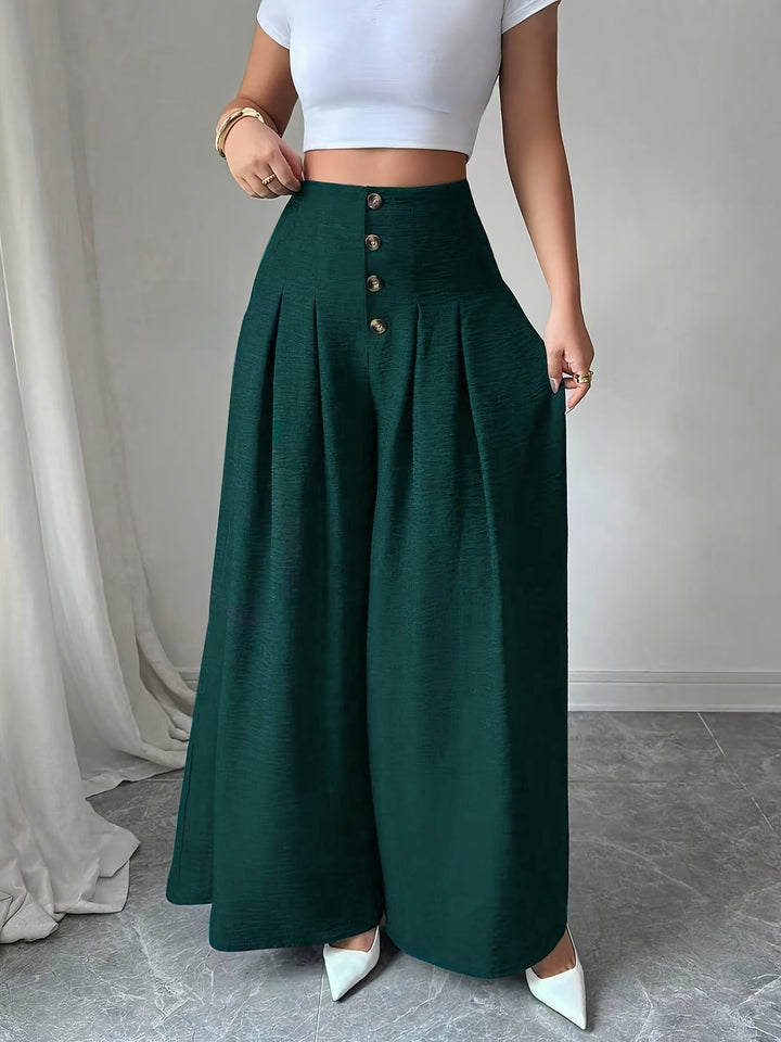 Trendige Damen Faltenhose High-Waist, Weitbein, elegant und komfortabel, mit chicem Knopfdetail.