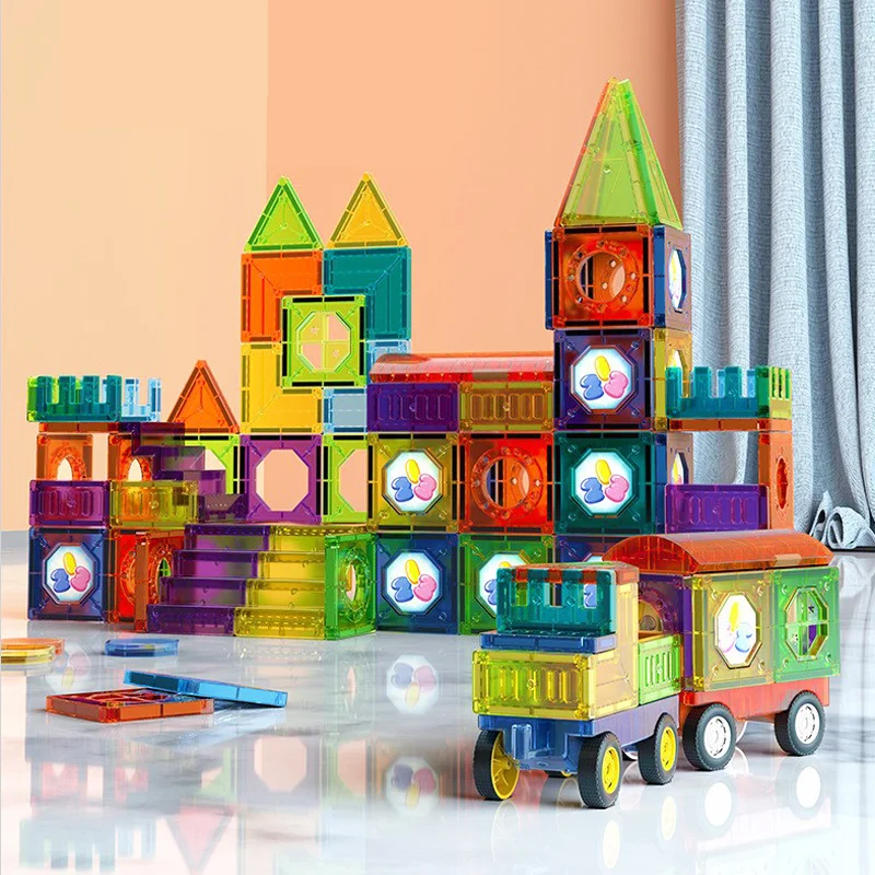 Farbige magnetische Bausteine mit integrierten LEDs für leuchtende 3D-Modelle, kreatives Lernspielzeug.