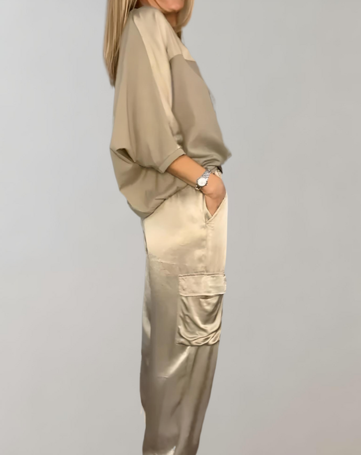 Elegantes Damen-Set: Vielseitiges 3/4-Arm Oberteil & Hose. Perfekt für Business Casual, Frühling & Herbst Outfits.