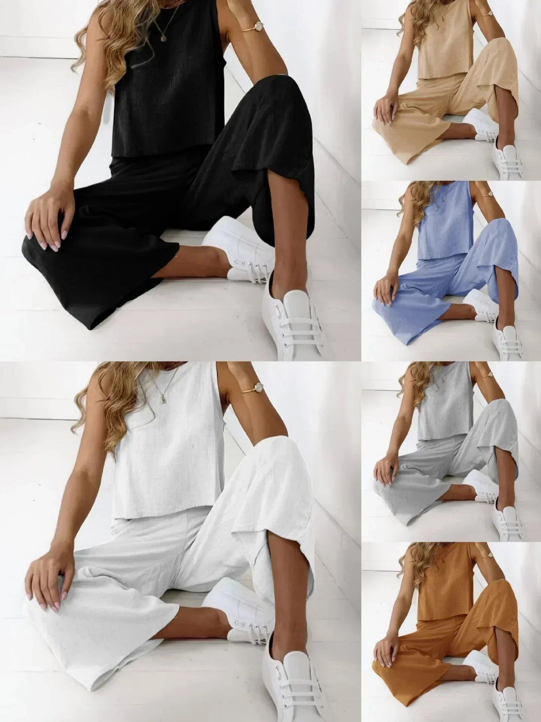 Damen Zweiteiler Set: Ärmelloses Oberteil & bequeme Hose in trendiger Farbe, ideal für Freizeit & Alltag.