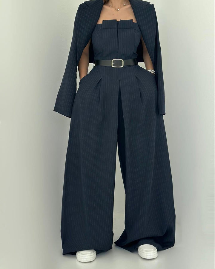 Damen Eleganter 3-teiliger Zweiteiler: Trägerloses Top, Jacke & Weite Hose für stilvolle Auftritte.