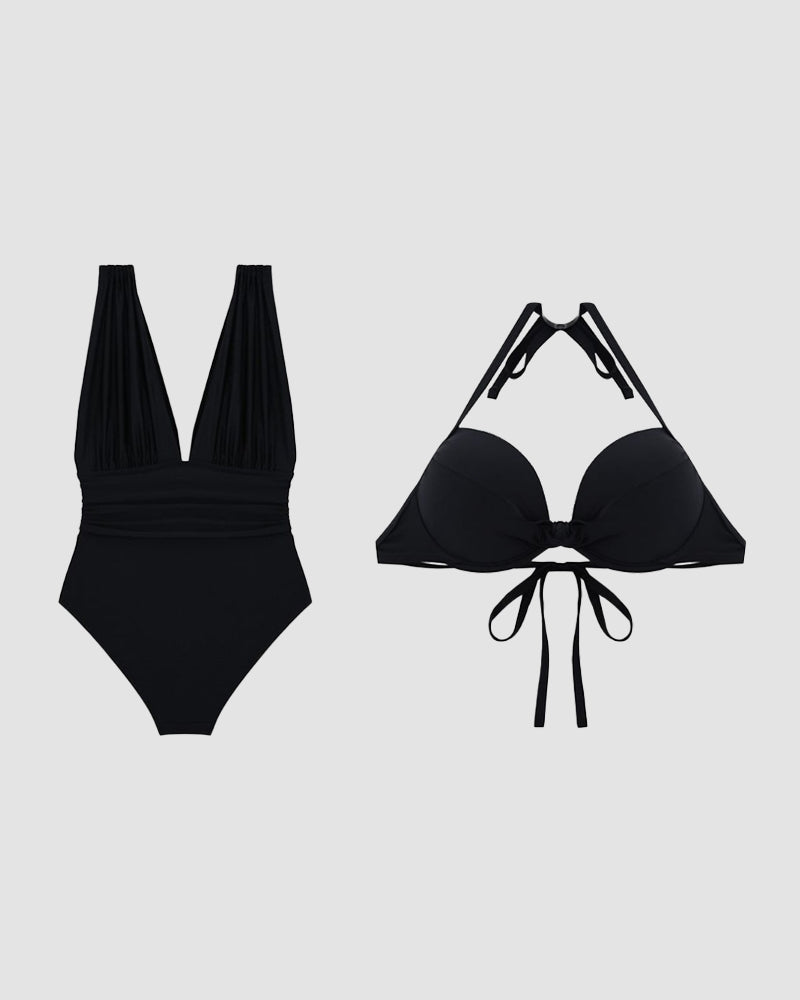 Figurformender Damen Schwimmanzug Kari V mit V-Ausschnitt, Cut-out & Bauchkontrolle für Eleganz.