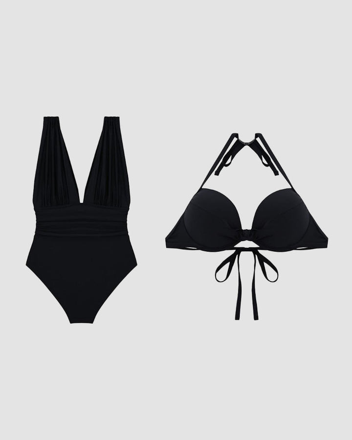 Figurformender Damen Schwimmanzug Kari V mit V-Ausschnitt, Cut-out & Bauchkontrolle für Eleganz.