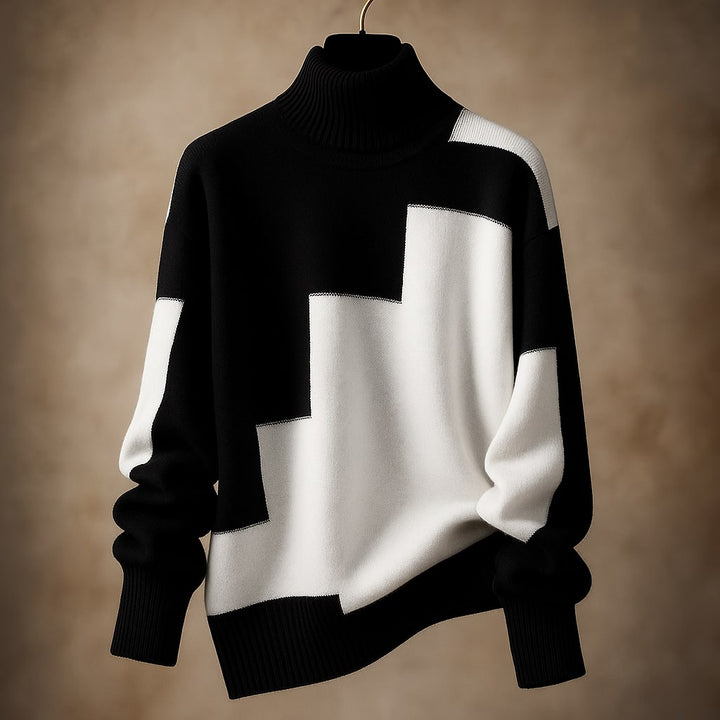Damen Rollkragen-Oberteil mit geripptem Kragen und elegantem geometrischem Muster. Ideal für Winter & Herbstmode.