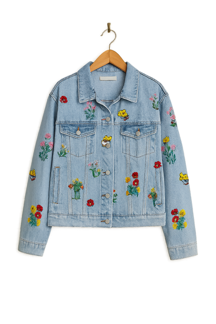 Blaue Damen Jeansjacke im Oversize-Stil mit bunter Blumenstickerei. Ideal als casual Übergangsjacke für junge Mode.