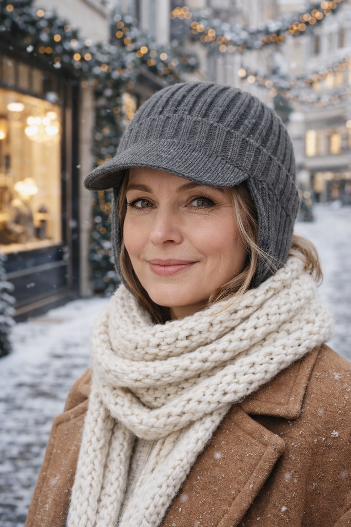 Graue Outdoor-Wintermütze mit Ohrenklappen, winddicht und thermisch, perfekt für kalte Tage.