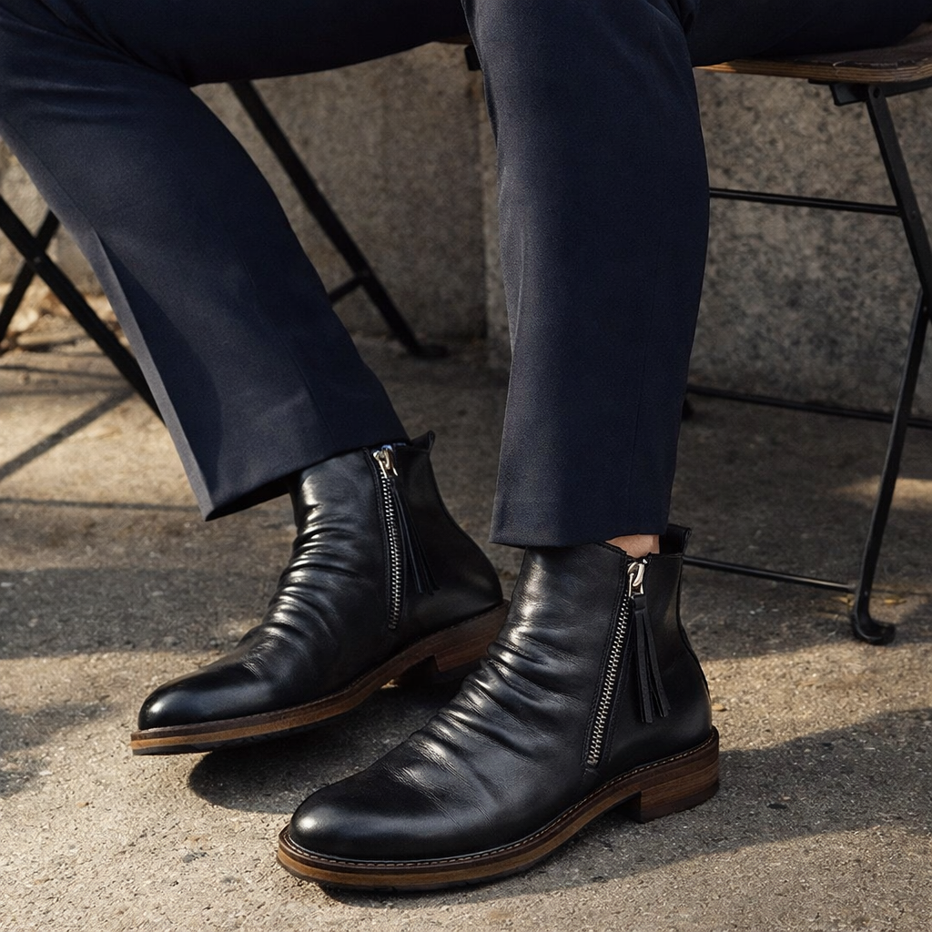 Schwarze Herren Chelsea Boots, vielseitige Business Casual Stiefel. Elegante Alltagsschuhe für Männer.