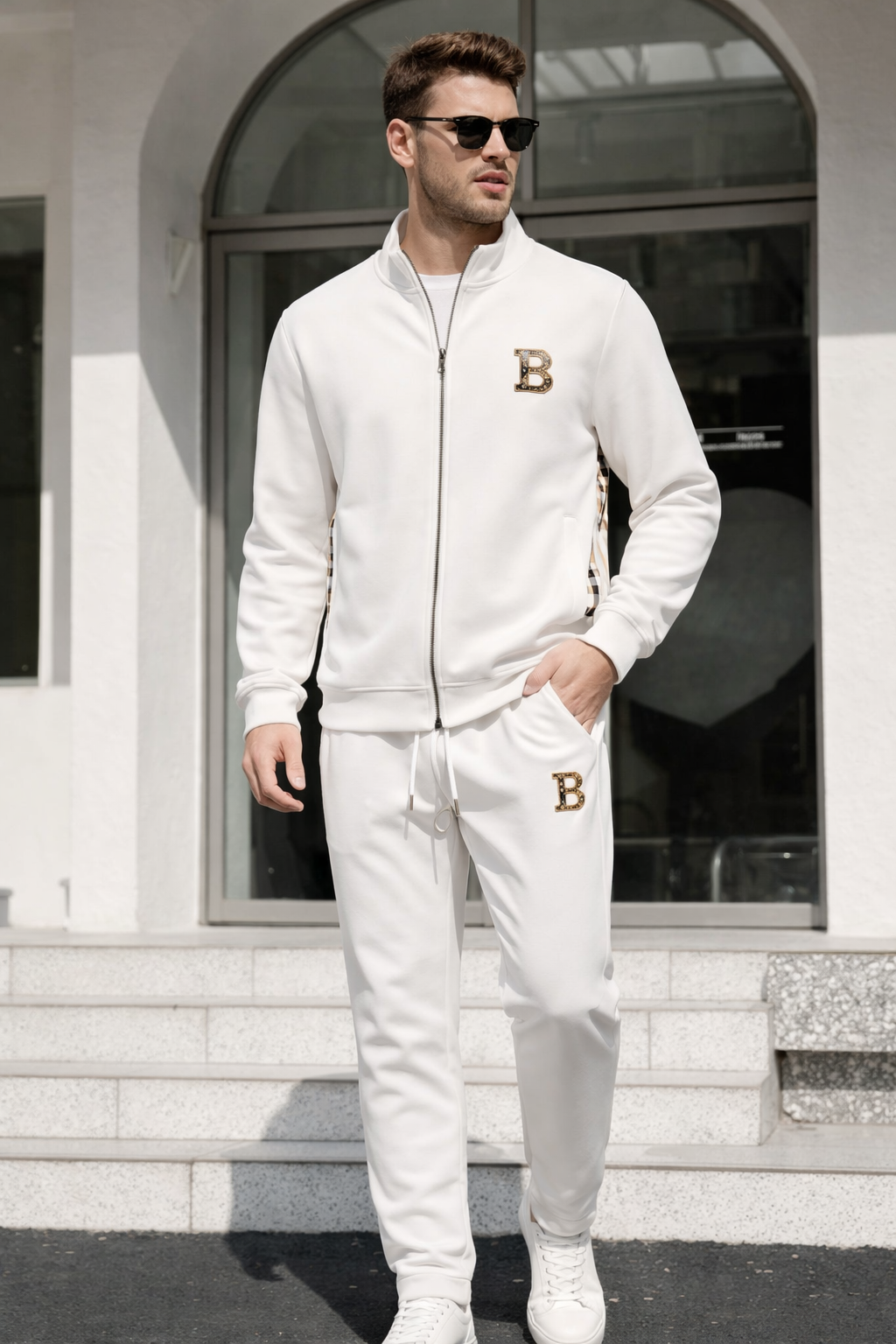 Herren karierter Trainingsanzug, zweiteilig, mit Full-Zip-Jacke und Hose für Sport & Freizeit. Bequemer Jogginganzug.