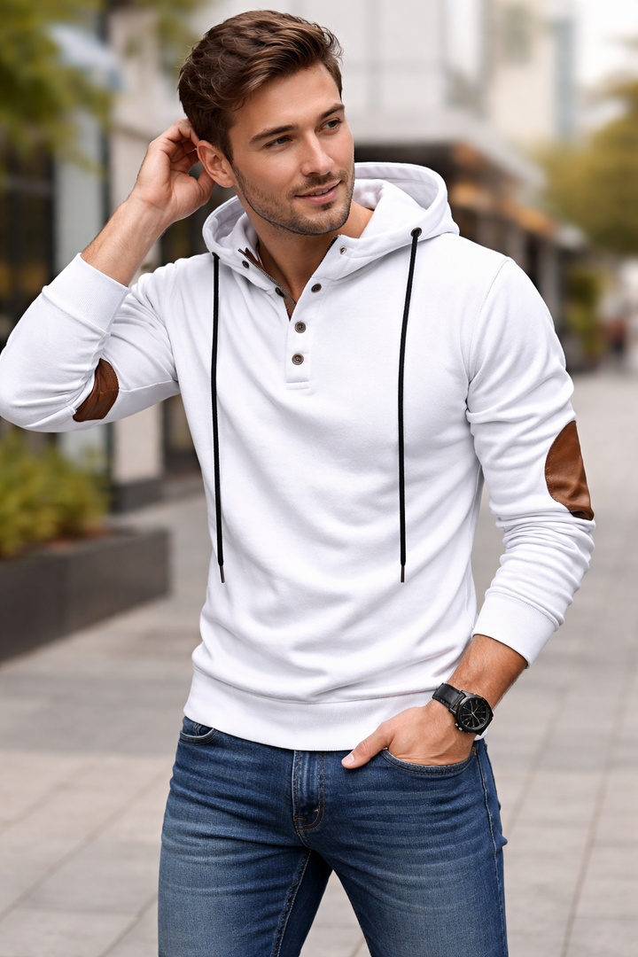 Grauer Herren Kapuzenpullover. Moderner & bequemer Hoodie für Freizeit- und Casual-Outfits.