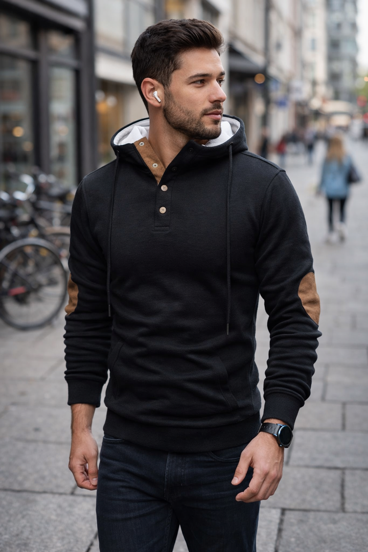Dunkelblauer Herren Hoodie. Stilvoller & bequemer Kapuzenpullover für Herrenmode und Casual-Looks.