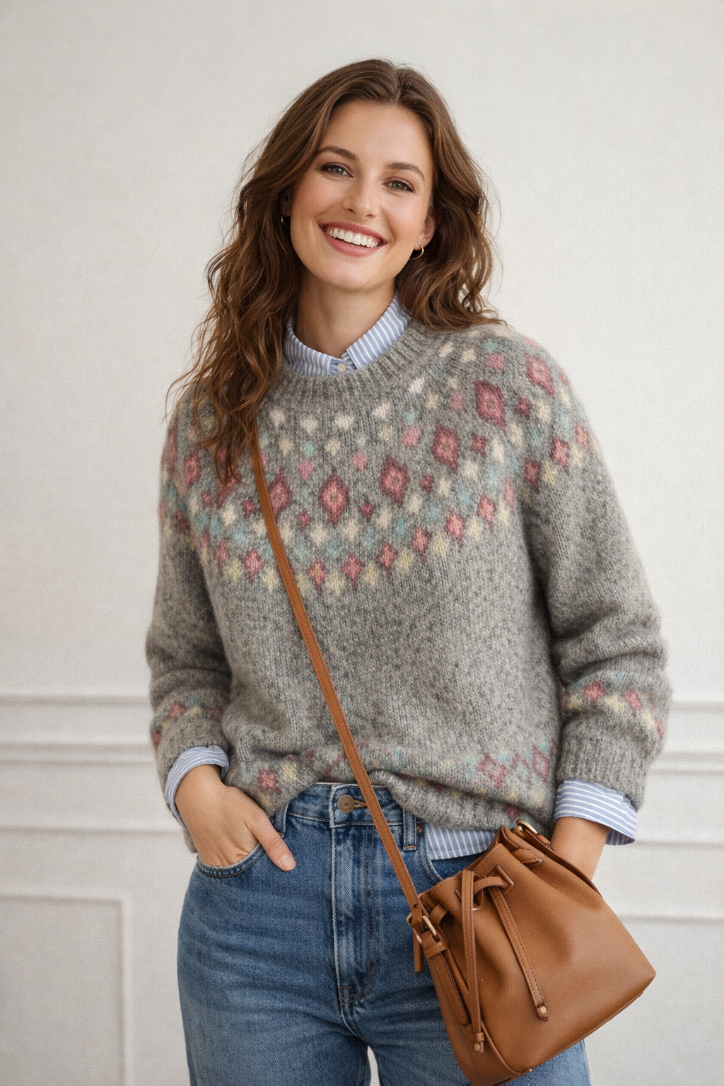 Stylischer Damen Pullover mit detailliertem Nordischem Strickmuster, langärmlig und warm.