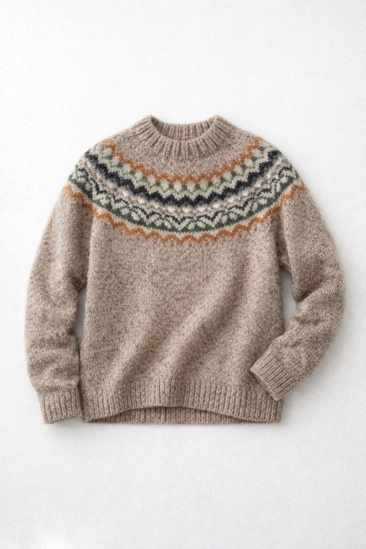 Modischer Damen Strickpullover mit Nordischem Muster, von Model getragen, bequem und stilvoll.