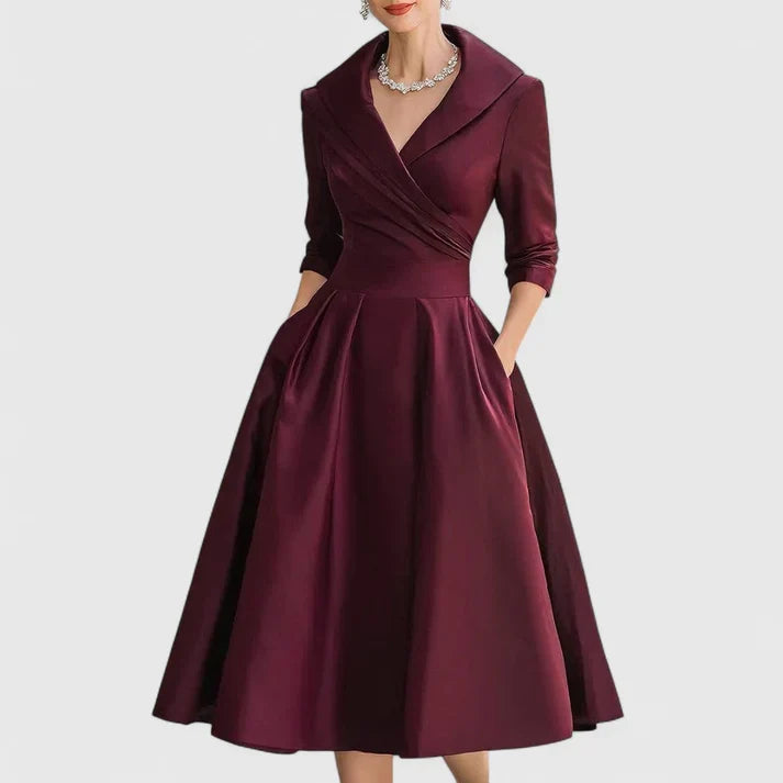 Stilvolles Damen Midikleid mit Wickel-Optik und V-Ausschnitt. Elegantes, festliches Wickelkleid mit 3/4-Ärmeln.