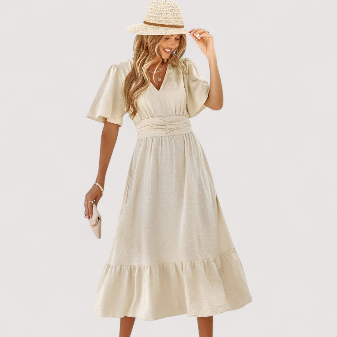 Fließendes, elegantes Damen Maxikleid für festliche Anlässe und Sommerpartys. Mit stilvollem V-Ausschnitt.