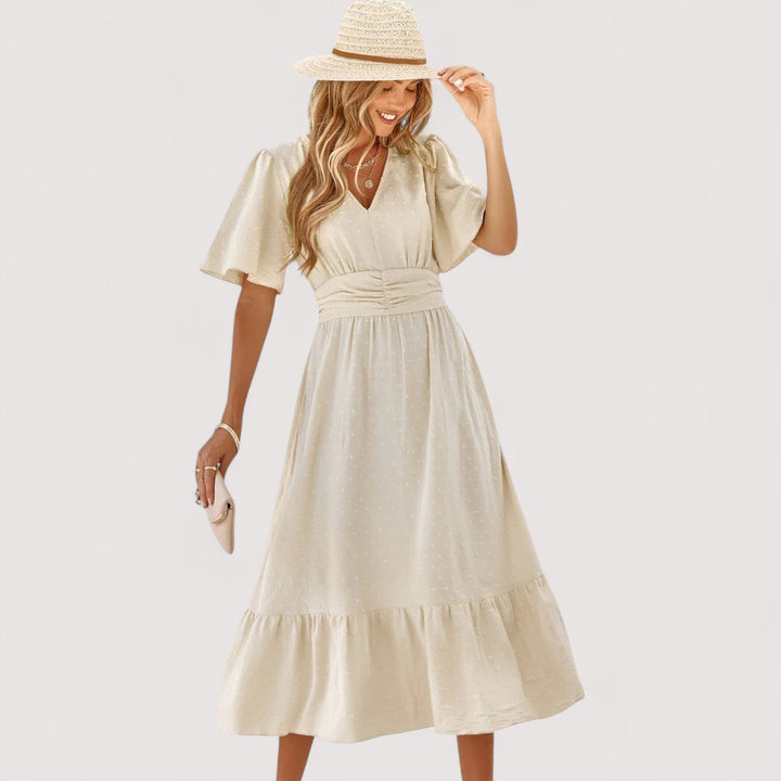 Fließendes, elegantes Damen Maxikleid für festliche Anlässe und Sommerpartys. Mit stilvollem V-Ausschnitt.