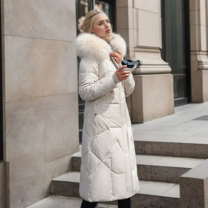 Eleganter Damen Steppmantel, lang, warmer Wintermantel mit hohem Stehkragen, vielseitig.