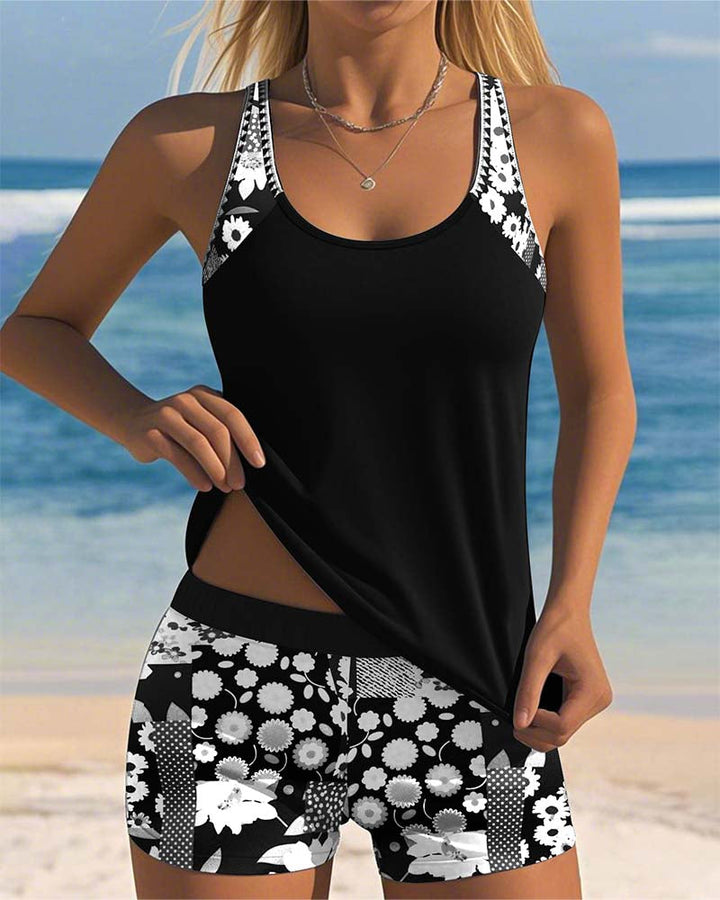 Vielseitiger Damen Zweiteiler: Badeanzug mit Blumenmuster für Strand, Pool & Sommerurlaub.