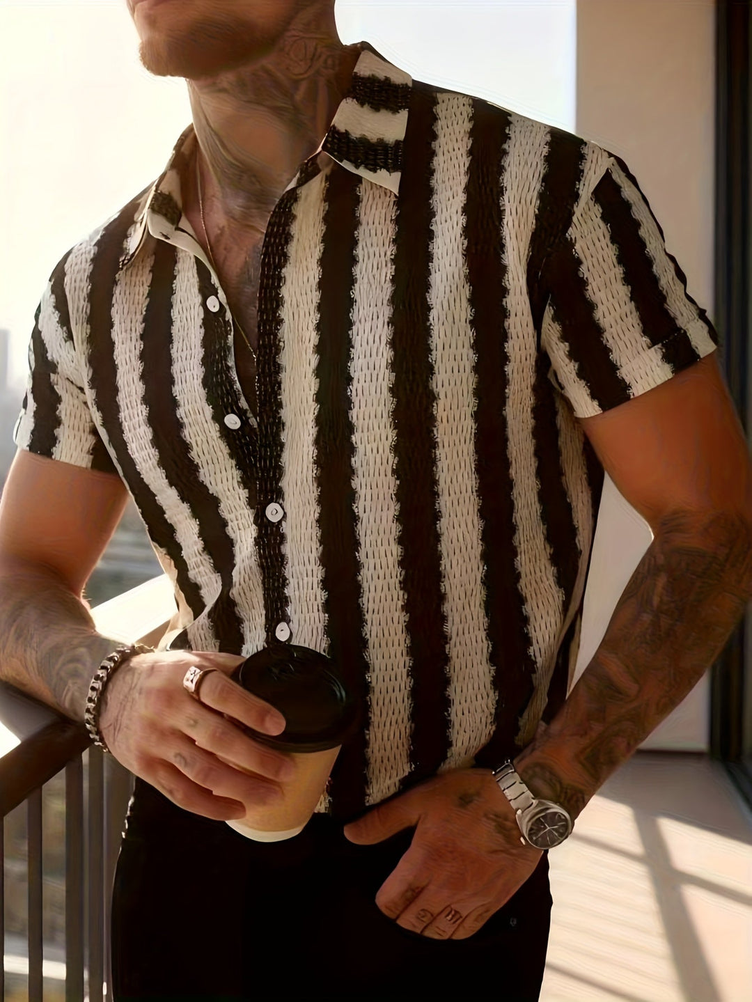 Gestreiftes Herren Hemd mit kurzen Ärmeln, lässiger Stil, ideal als Sommerhemd und Urlaubskleidung.