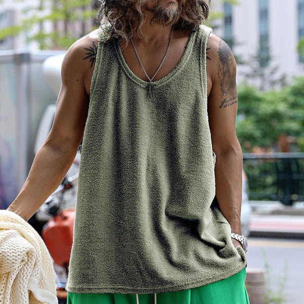 Herren Rundhals Tank-Top in Beige, luftig & bequem für Sommer & Freizeit. Perfekt für den Strand oder Sport.