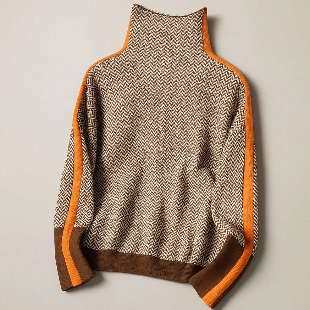 Warmer Damen Pullover mit hohem Stehkragen in Orange. Kuscheliger Strickpullover, perfekt für kalte Tage.