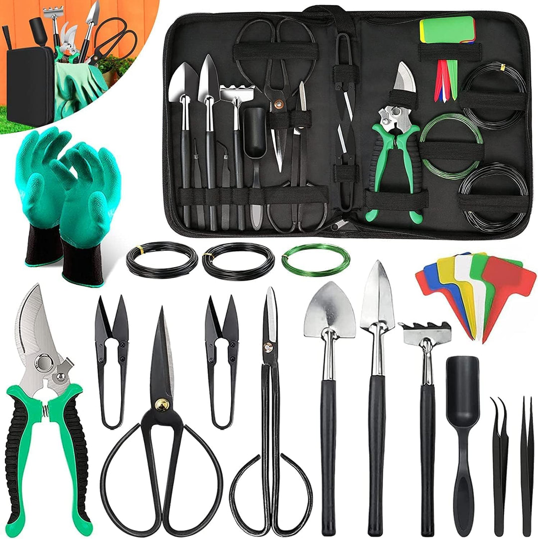 24-teiliges Bonsai-Pflegeset Sevora mit Hochkohlenstoffstahl-Werkzeugen in eleganter PU-Ledertasche für Baumzucht.