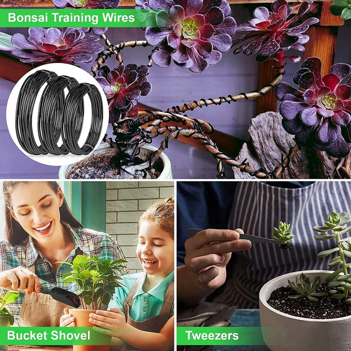 Organisiertes 24-teiliges Bonsai-Set mit scharfen Gartengeräten in praktischer PU-Ledertasche für unterwegs.